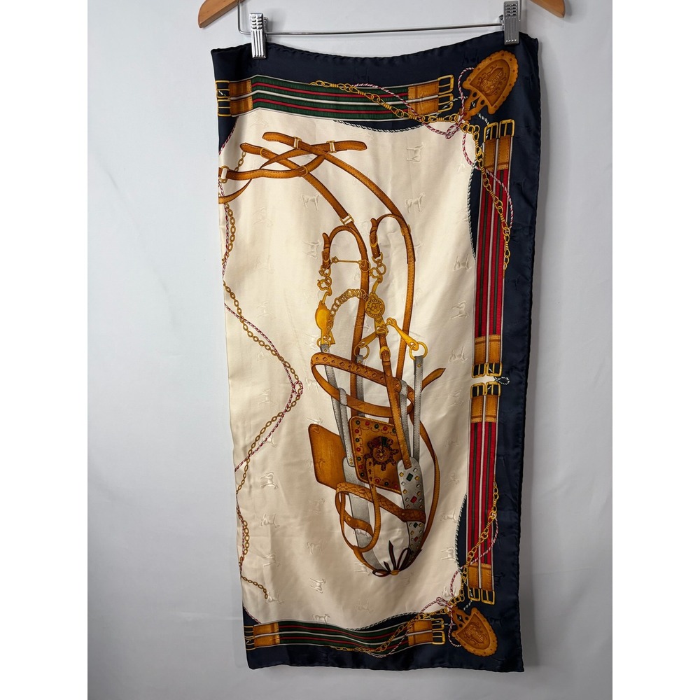 Vintage Style Equestrian Horse Bit Print Square Scarf Navy Cream Gold Old Money